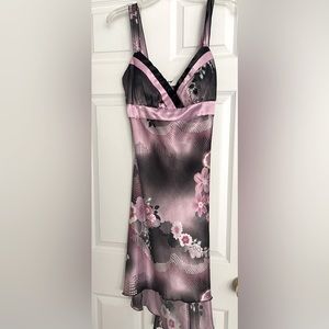 Purple multi satin high low dress. Low cut with light padding in bust